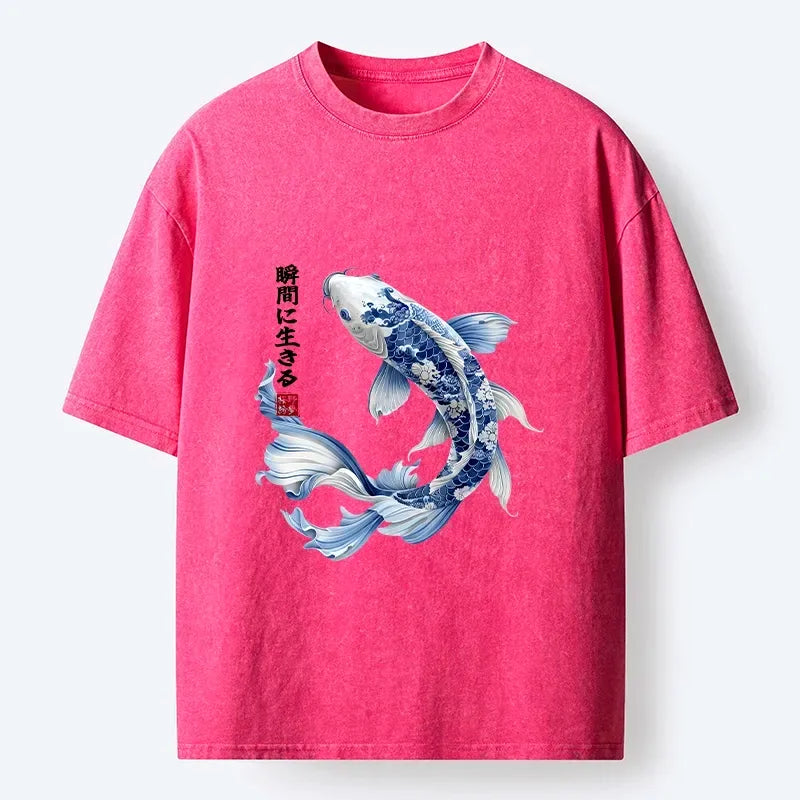 Kyoto-Lion Blue And White Koi Fish Japanese Art Print Washed T-Shirt