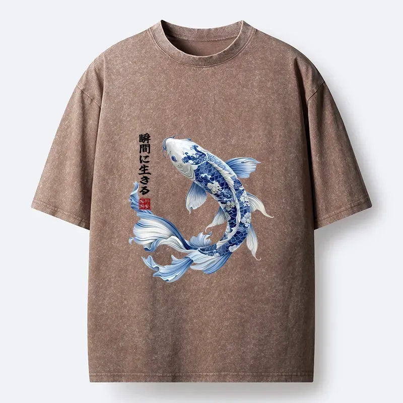 Kyoto-Lion Blue And White Koi Fish Japanese Art Print Washed T-Shirt