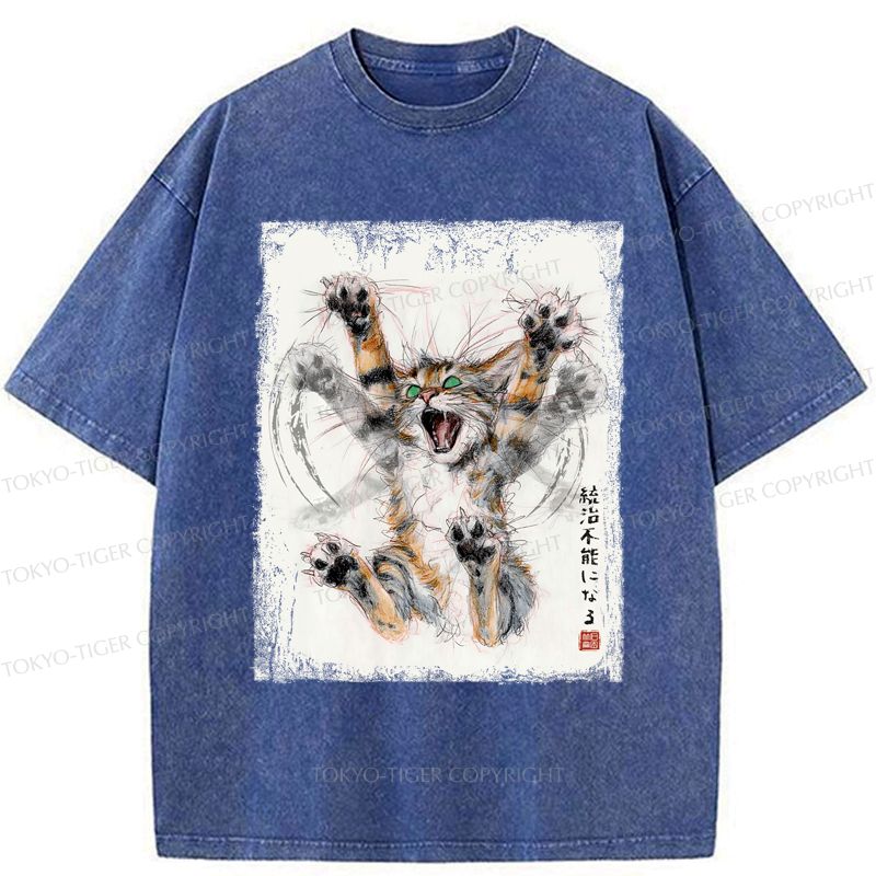 Funny Cat Japanese Ink Wash T-Shirt