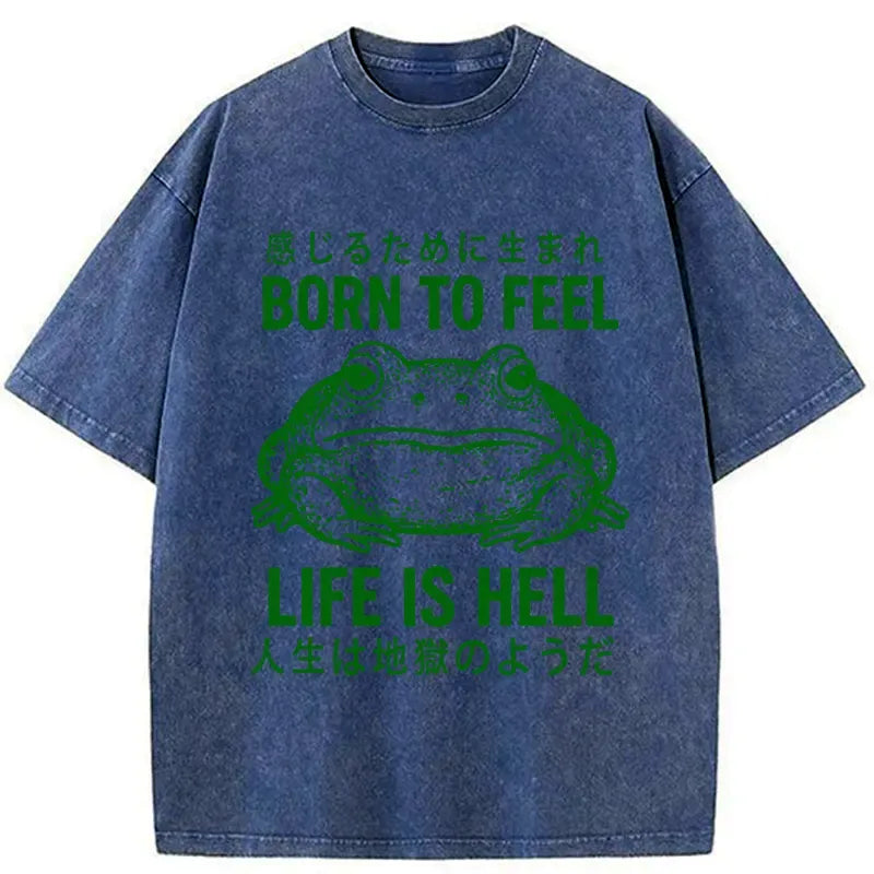 Kyoto-Lion Life Is Hell Funny Frog Washed T-Shirt