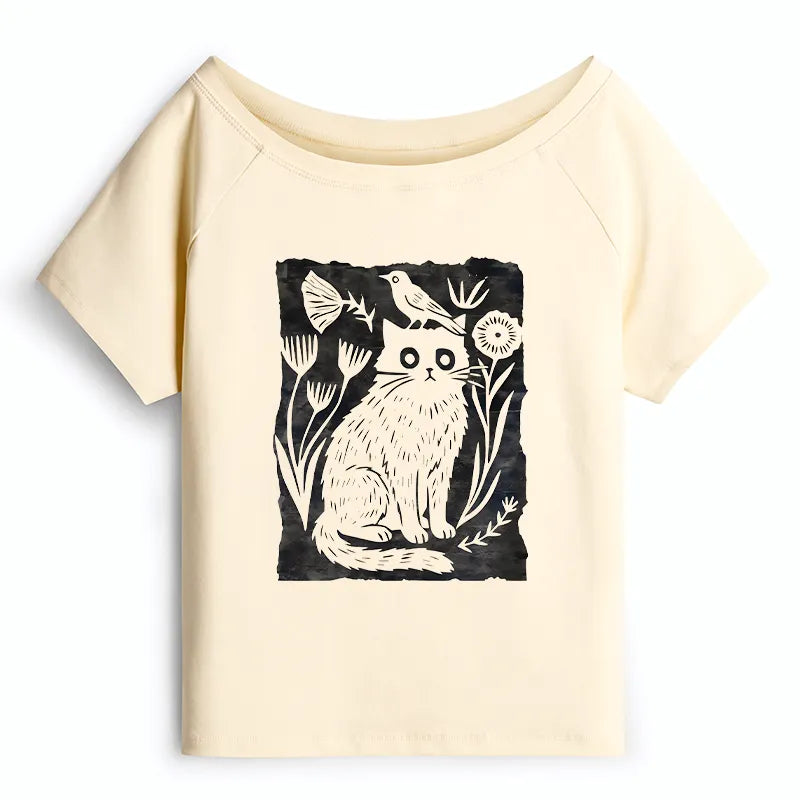 Kyoto-Lion Folk Paper Cut Cat Bird Floral Art Off Shoulder T-Shirt