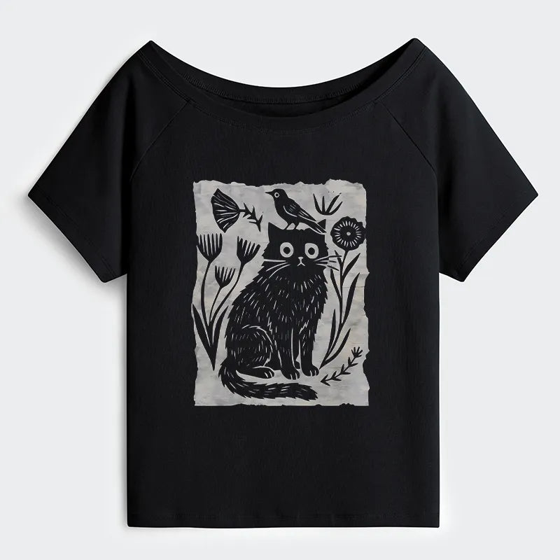 Kyoto-Lion Folk Paper Cut Cat Bird Floral Art Off Shoulder T-Shirt