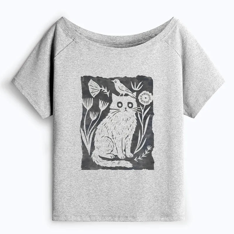 Kyoto-Lion Folk Paper Cut Cat Bird Floral Art Off Shoulder T-Shirt