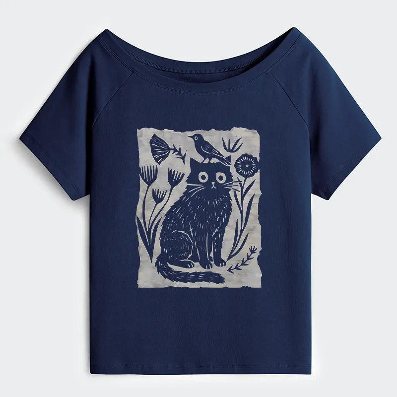 Kyoto-Lion Folk Paper Cut Cat Bird Floral Art Off Shoulder T-Shirt