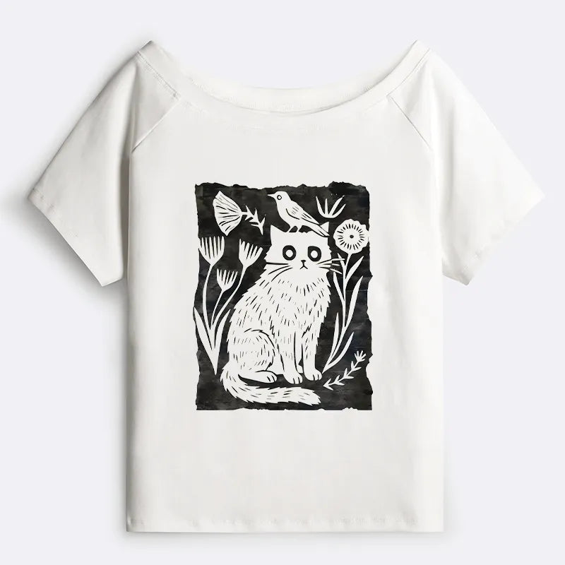 Kyoto-Lion Folk Paper Cut Cat Bird Floral Art Off Shoulder T-Shirt
