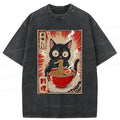 Kyoto-Lion Black Cat Eating Ramen Comic Washed T-Shirt