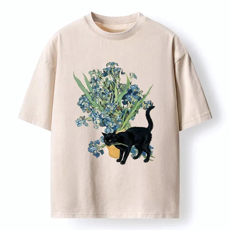 Kyoto-Lion Black Cat And Orchid Washed T-Shirt