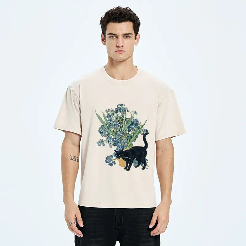 Kyoto-Lion Black Cat And Orchid Washed T-Shirt