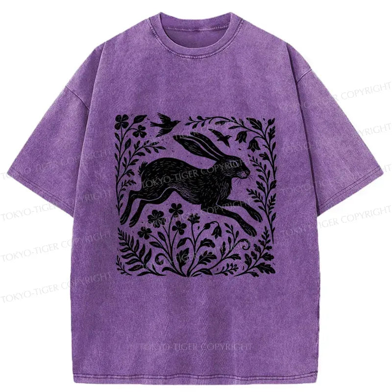 Kyoto-Lion Woodcut Rabbit Washed T-Shirt