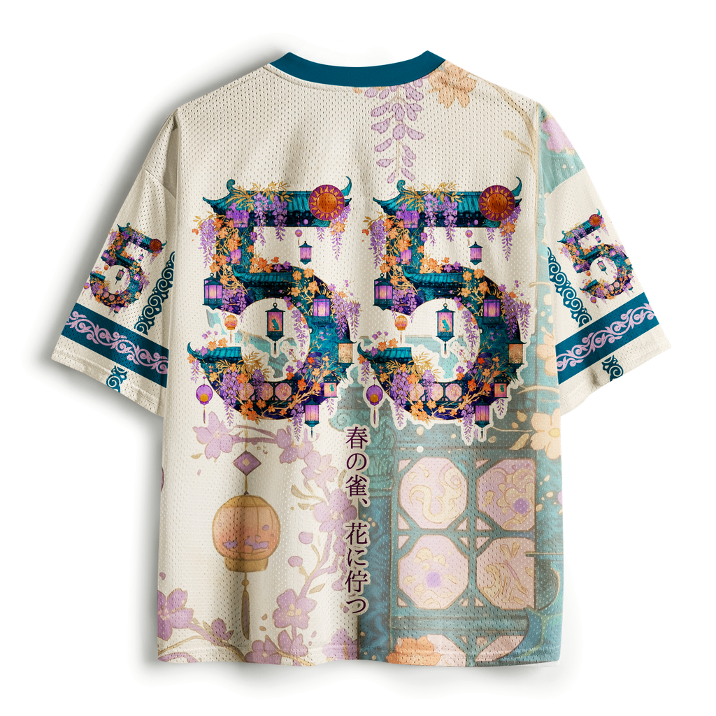 Kyoto-Lion Ukiyo-e Peacock Wisteria Spring Floral Mesh Jersey