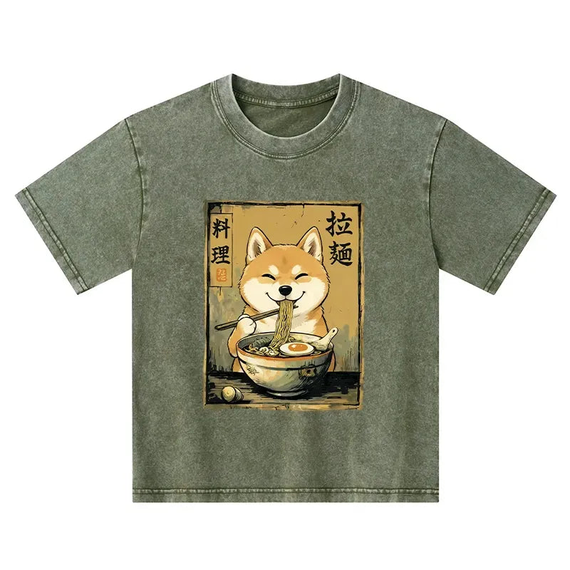 Kyoto-Lion Happy Shiba Eating Ramen Kids Washed T-Shirt