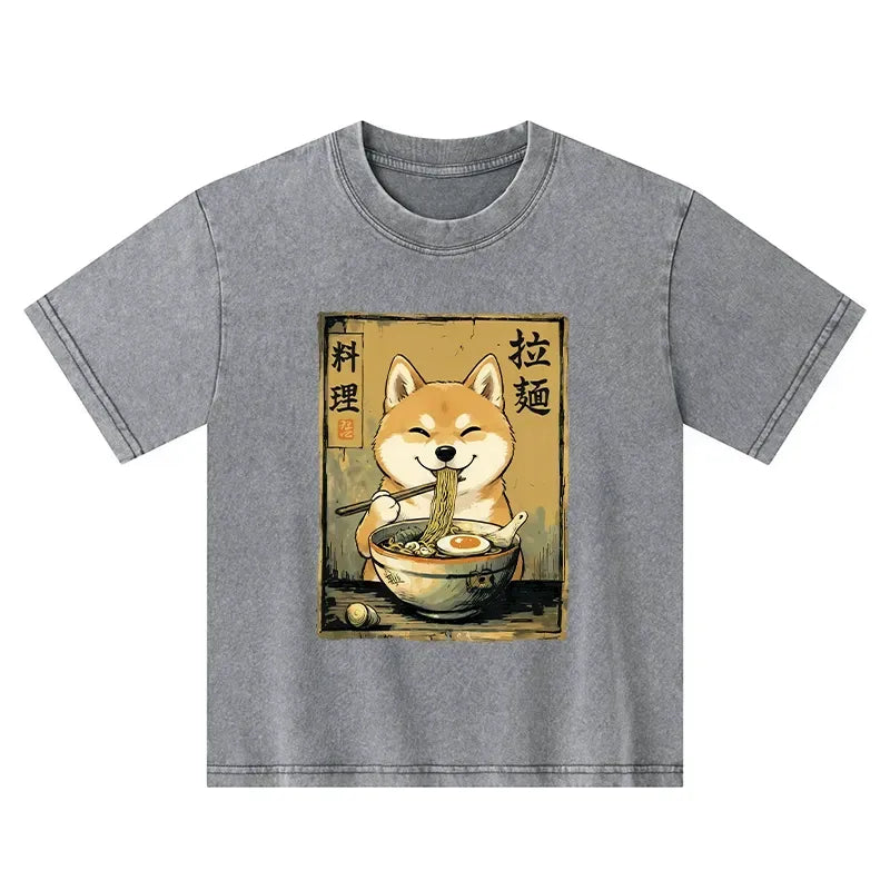 Kyoto-Lion Happy Shiba Eating Ramen Kids Washed T-Shirt