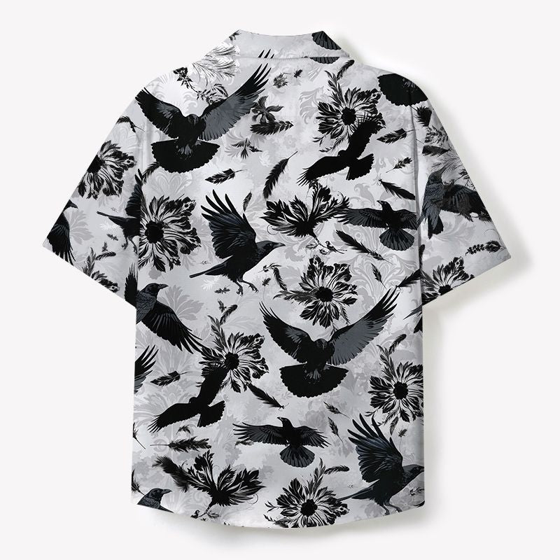 Kyoto-Lion Crows Amongst Blossoms Cuban Collar Shirt