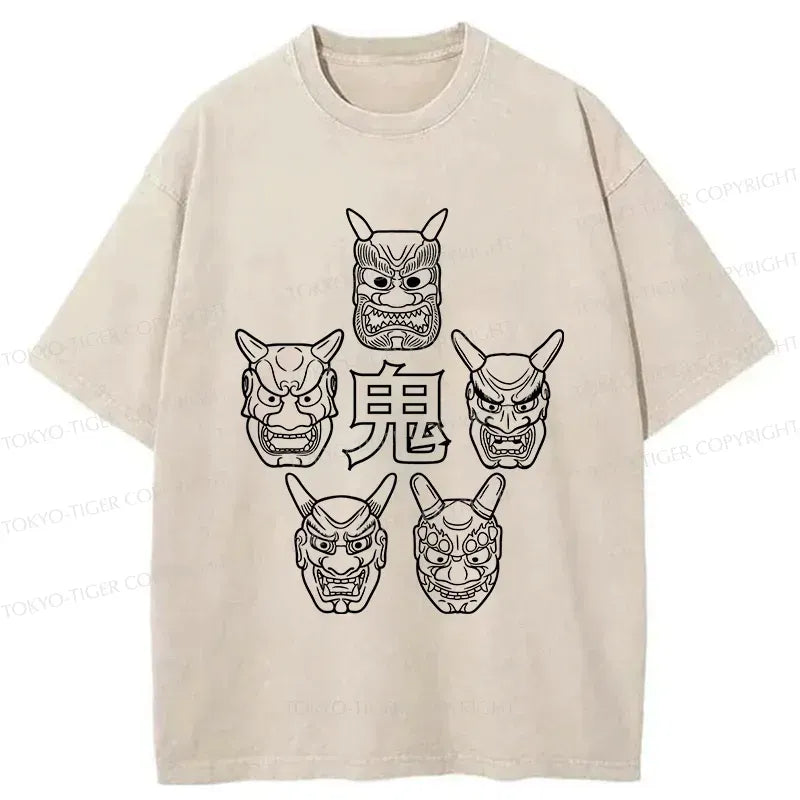 Kyoto-Lion Five Ghost Faces Washed T-Shirt