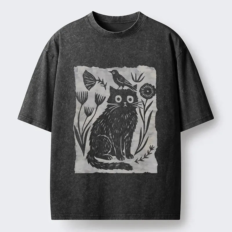 Kyoto-Lion Folk Paper Cut Cat Bird Floral Art Washed T-Shirt