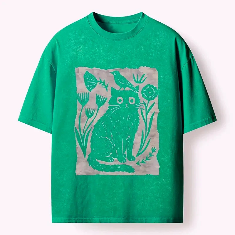 Kyoto-Lion Folk Paper Cut Cat Bird Floral Art Washed T-Shirt