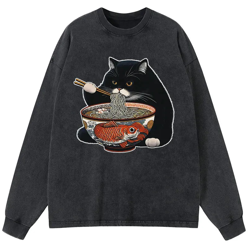 Kyoto-Lion Fat Cat Eating Ramen Washed Long Sleeve T-Shirt