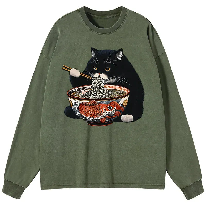 Kyoto-Lion Fat Cat Eating Ramen Washed Long Sleeve T-Shirt