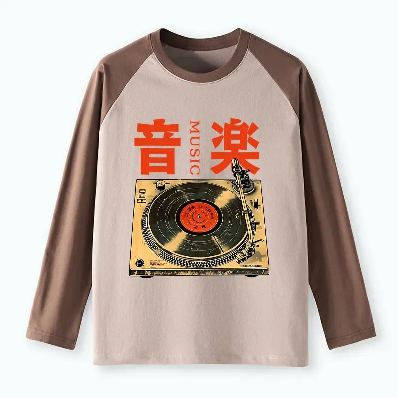 Kyoto-Lion Retro Music Record Player Raglan Long Sleeve T-shirt