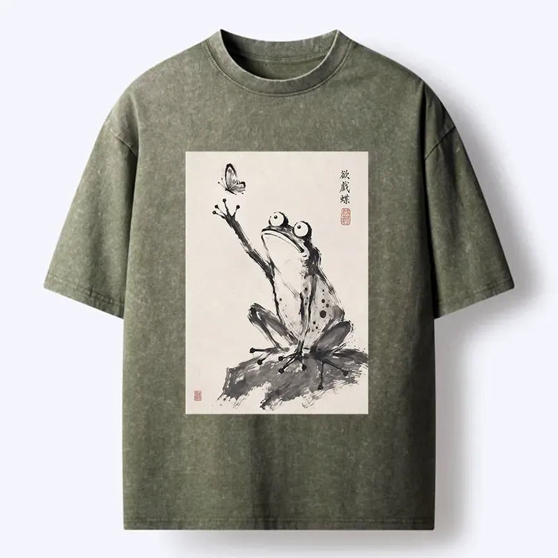 Kyoto-Lion Frog Chasing A Butterfly Washed T-Shirt