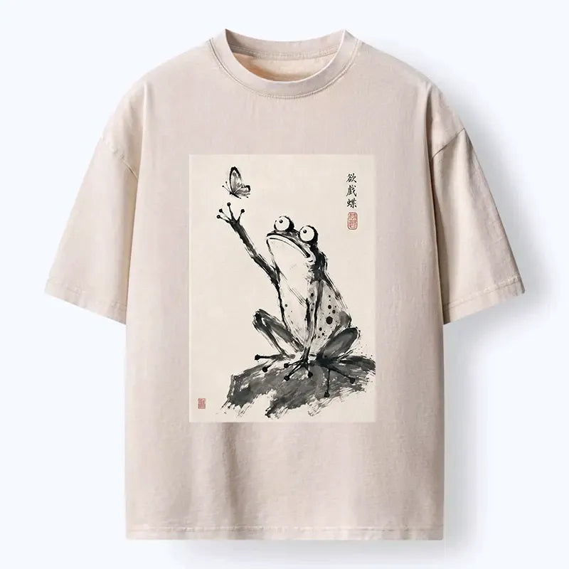Kyoto-Lion Frog Chasing A Butterfly Washed T-Shirt