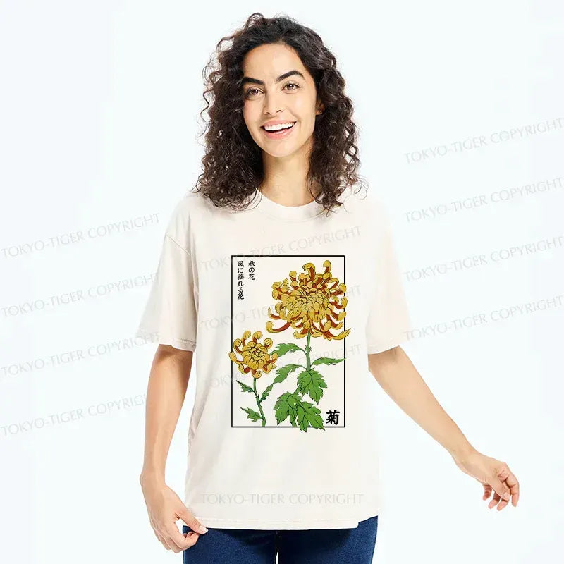 Kyoto-Lion Retro Chrysanthemum Washed T-Shirt