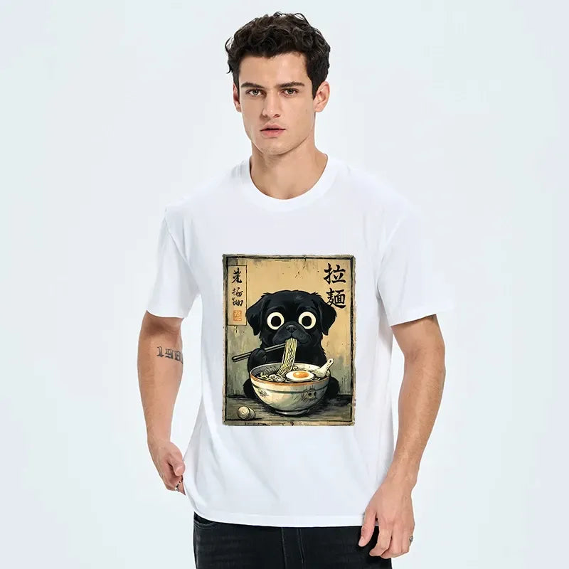 Kyoto-Lion Cute Black Dog Eating Hot Ramen Classic T-Shirt
