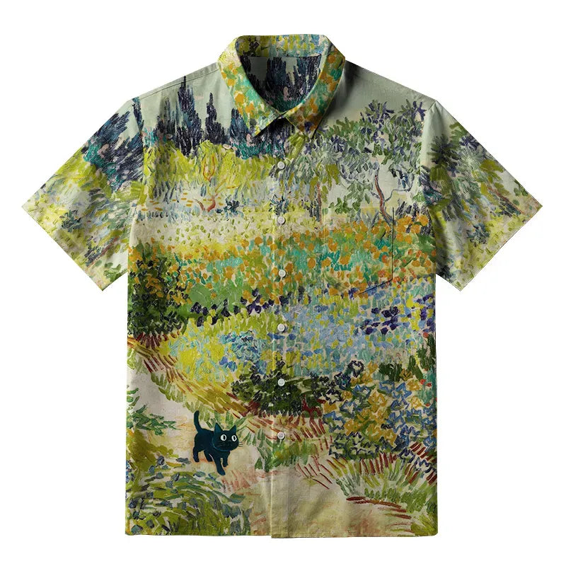 Kyoto-Lion Black Cat In The Flower Field Button-up Shirt