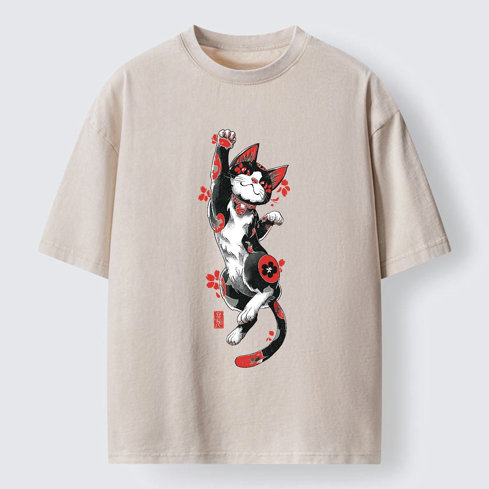 Kyoto-Lion Maneki-neko Washed T-Shirt