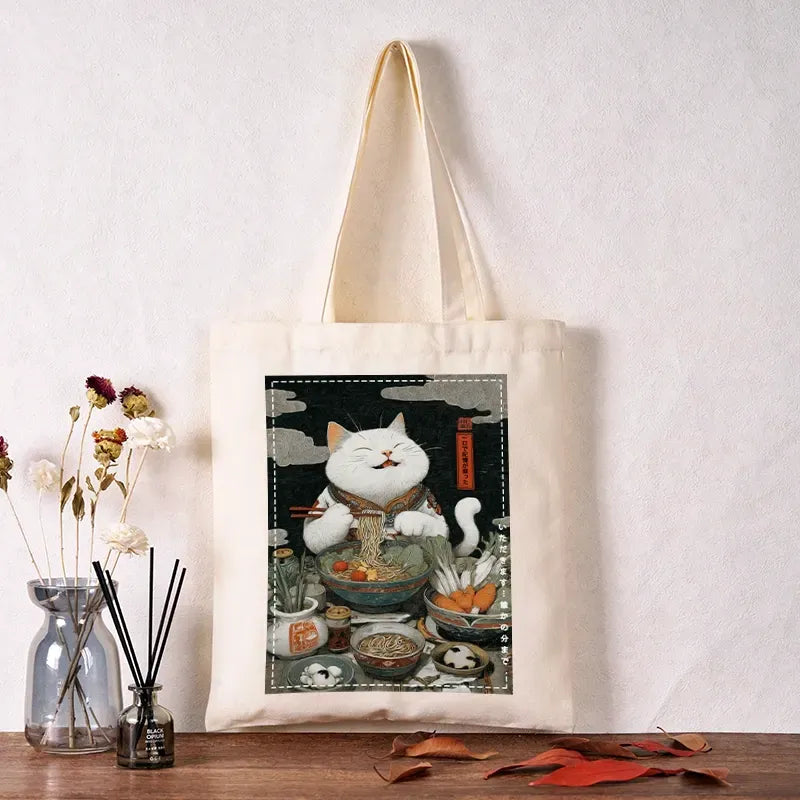 Ramen Loving Cat Canvas Tote Bag