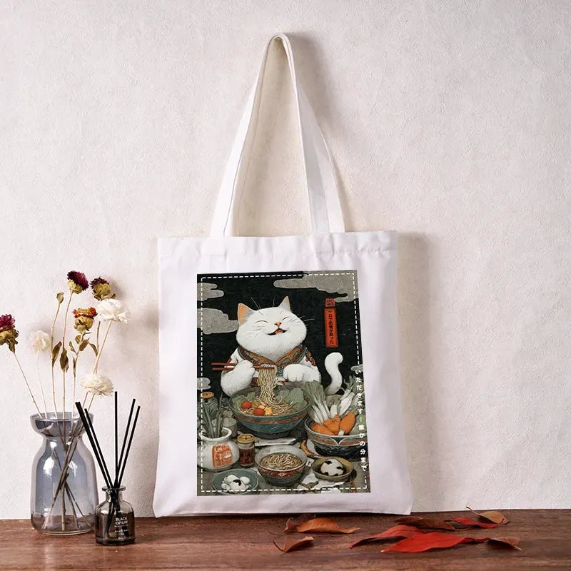 Ramen Loving Cat Canvas Tote Bag