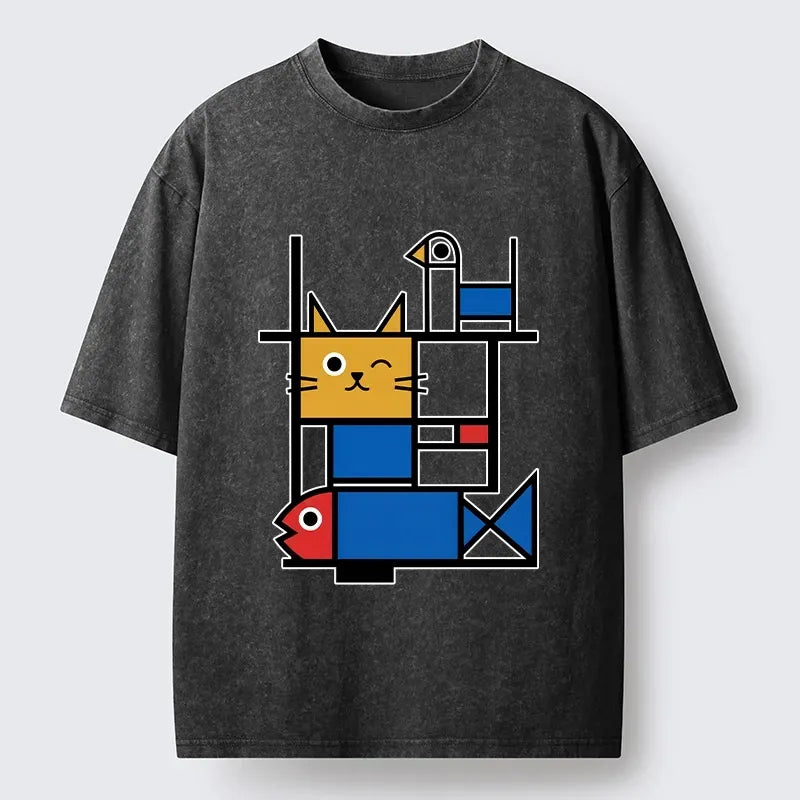 Tokyo?Tiger Retro Geometric Kitty Washed T-Shirt