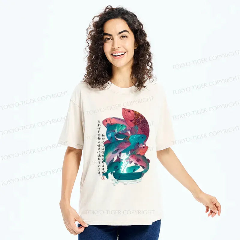 Kyoto-Lion Japanese Ukiyoe Fish Vintage Poster Washed T-Shirt