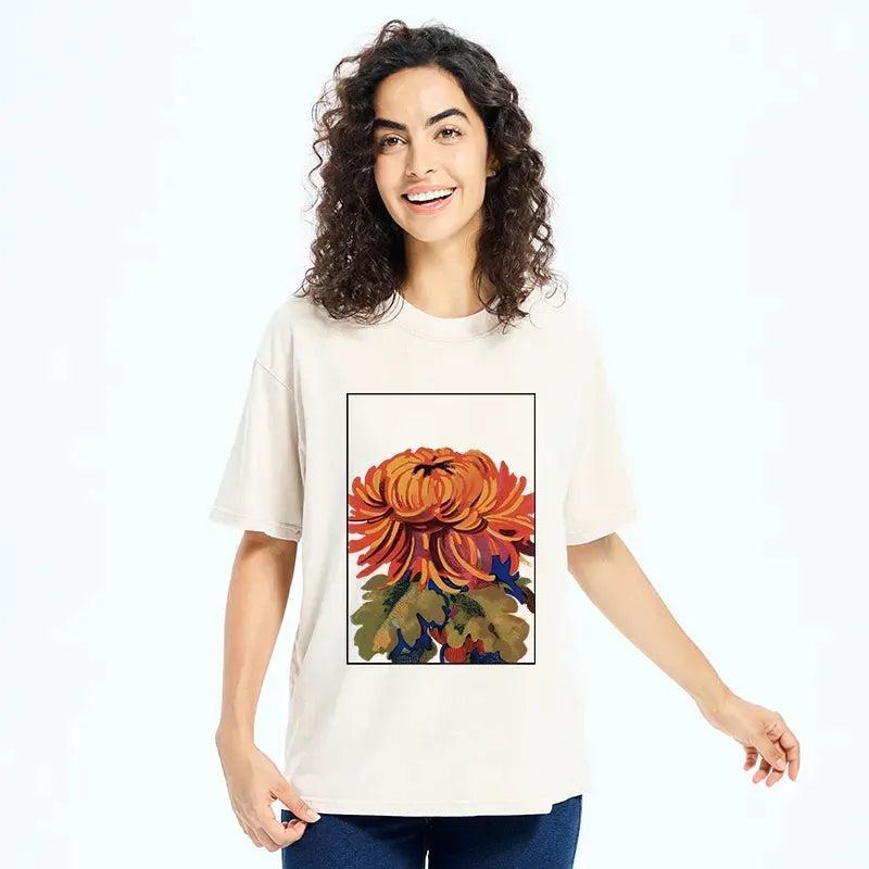 Japanese Chrysanthemums Washed T-Shirt for Daily Wear