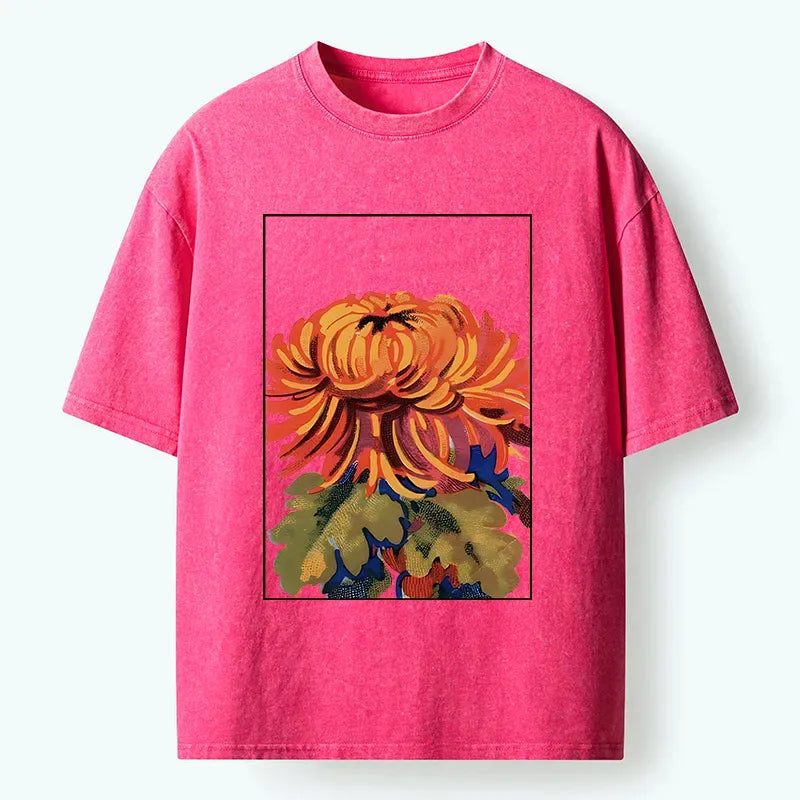 Japanese Chrysanthemums Washed T-Shirt for Daily Wear