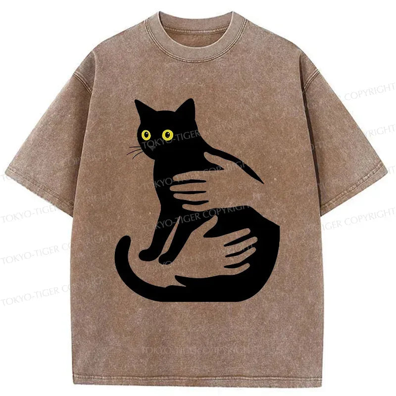 Black Cat Washed T-Shirt for Daily Wear