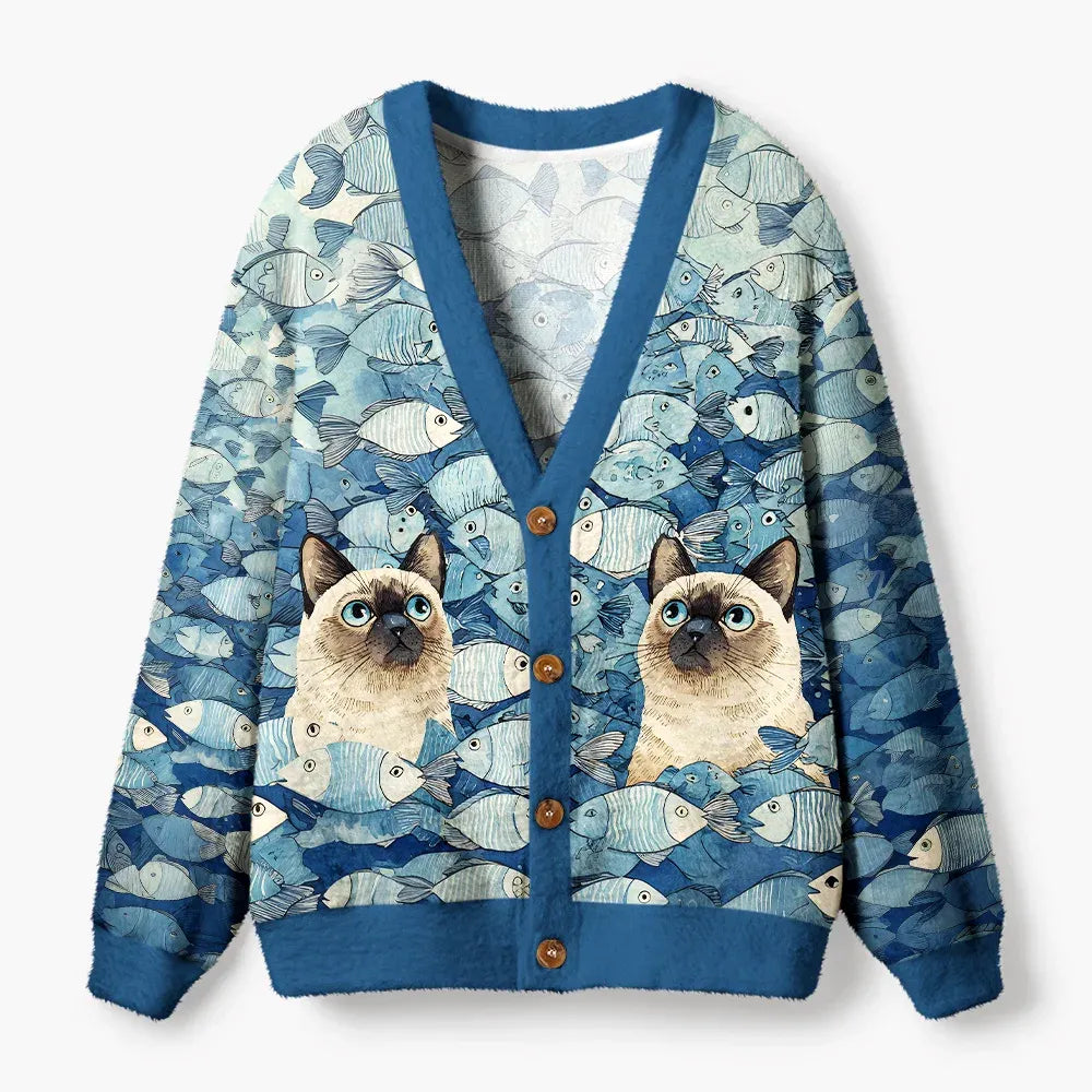 Kyoto-Lion Siamese Cat Among The Fish Ugly Cardigan Sweater