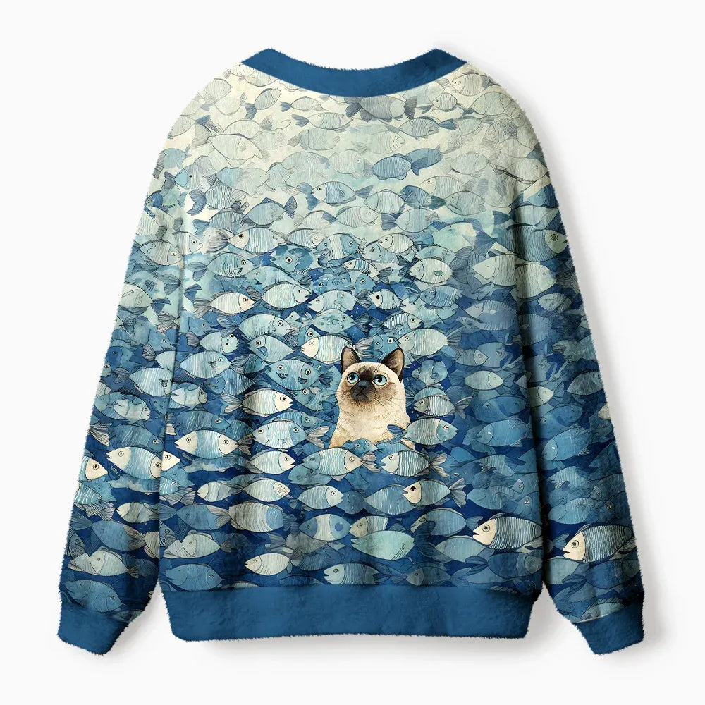 Kyoto-Lion Siamese Cat Among The Fish Ugly Cardigan Sweater