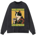 Kyoto-Lion Tuxedo Cat Drinking Coffee Washed Long Sleeve T-Shirt