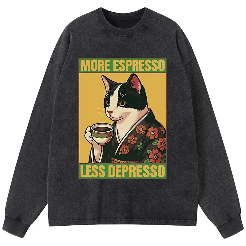 Kyoto-Lion Tuxedo Cat Drinking Coffee Washed Long Sleeve T-Shirt