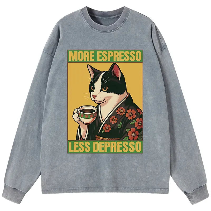 Kyoto-Lion Tuxedo Cat Drinking Coffee Washed Long Sleeve T-Shirt