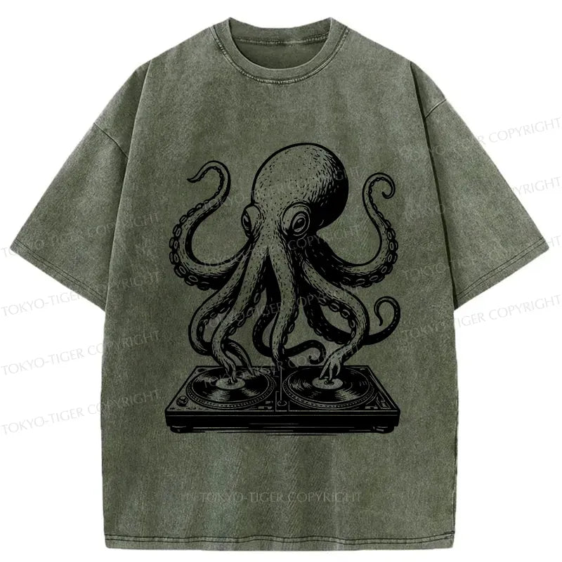 Japanese Octopus Washed T-shirt for Daily Wear