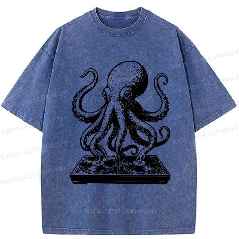 Japanese Octopus Washed T-shirt for Daily Wear
