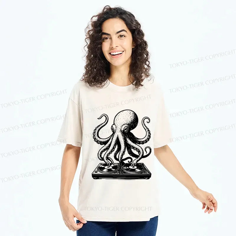 Japanese Octopus Washed T-shirt for Daily Wear