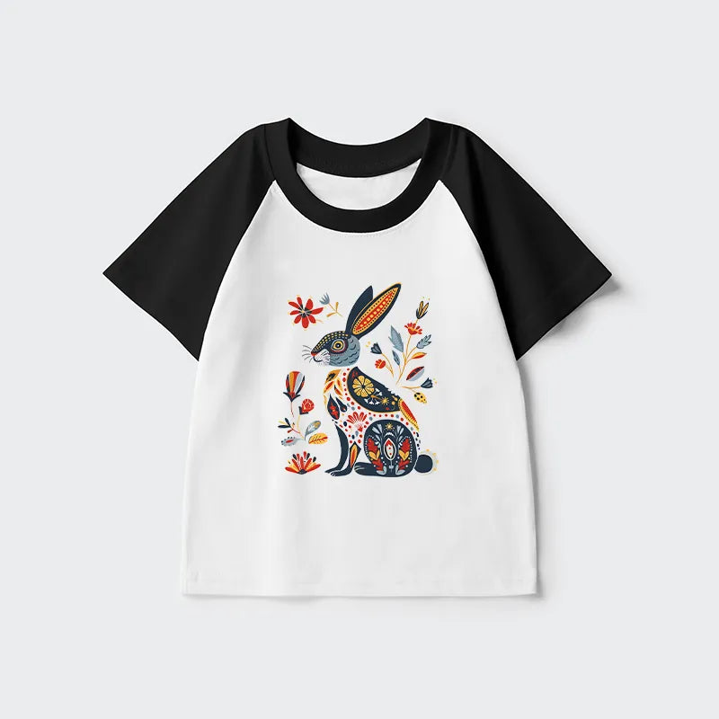 Kyoto-Lion Folk Hare Bloom Kids Raglan T-shirt