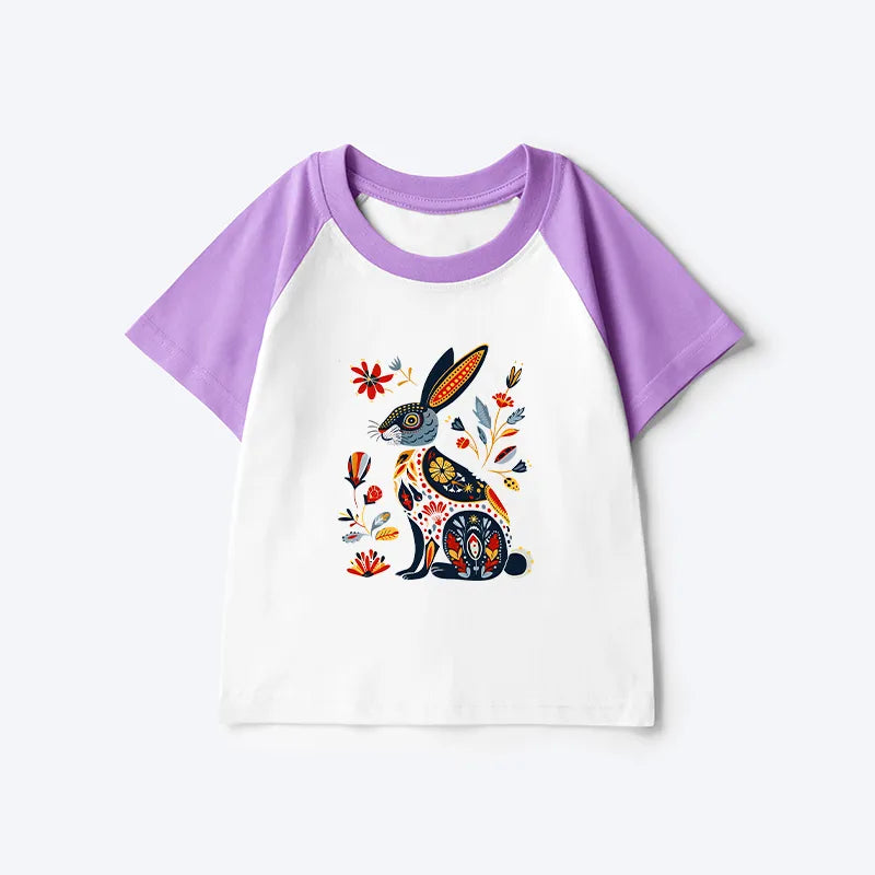 Kyoto-Lion Folk Hare Bloom Kids Raglan T-shirt