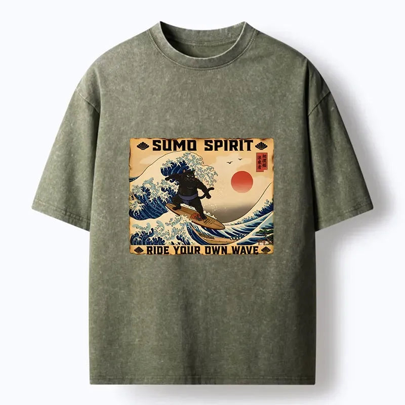 Kyoto-Lion Sumo Cat Riding Its Own Wave Washed T-Shirt