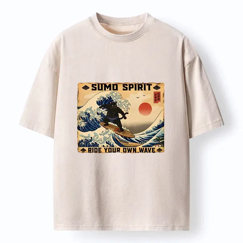 Kyoto-Lion Sumo Cat Riding Its Own Wave Washed T-Shirt