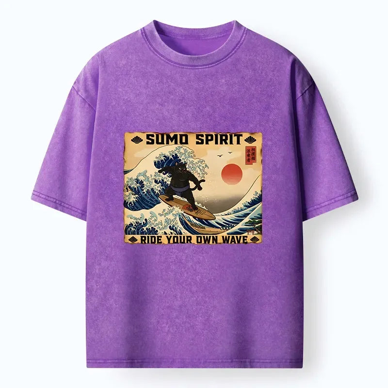 Kyoto-Lion Sumo Cat Riding Its Own Wave Washed T-Shirt
