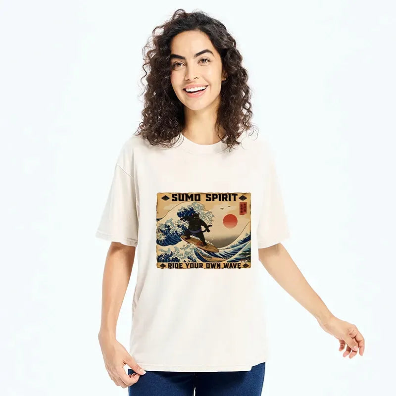 Kyoto-Lion Sumo Cat Riding Its Own Wave Washed T-Shirt